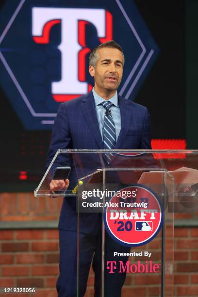 Matt Vasgersian announces the Texas Rangers pick during the 2020 Major League Baseball Draft at MLB Network on Thursday, June 11, 2020 in Secaucus,...