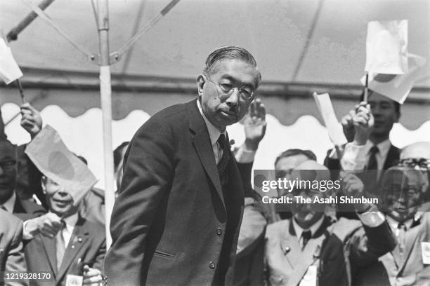 Emperor Hirohito is seen on arrival at the 22nd National Tree Planting Festival at Mt. Sanbe on April 18, 1971 in Oda, Shimane, Japan.