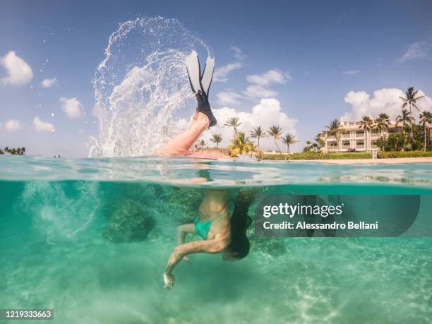 woman is underwater in the caribbean sea, barbados island - barbados stock-fotos und bilder