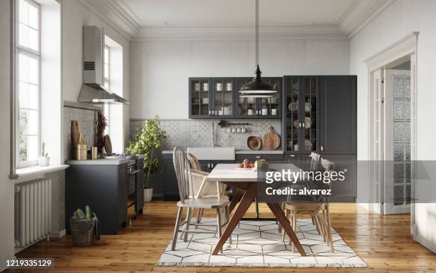dining room in a modern kitchen - indoors stock pictures, royalty-free photos & images