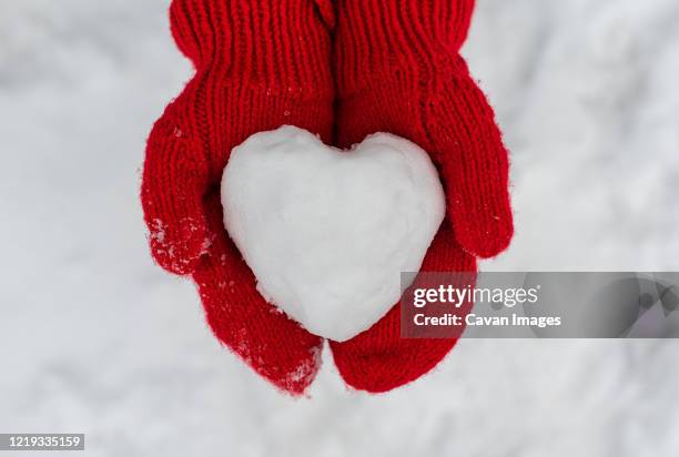 close up of two hands in red mittens holding heart shaped snowball. - red glove foto e immagini stock
