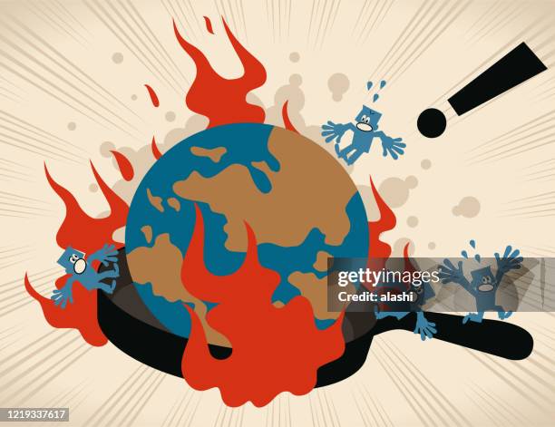 illustrazioni stock, clip art, cartoni animati e icone di tendenza di terra (globo del mondo) in una padella con fiamme, persone che scappano e urlano - exploitation