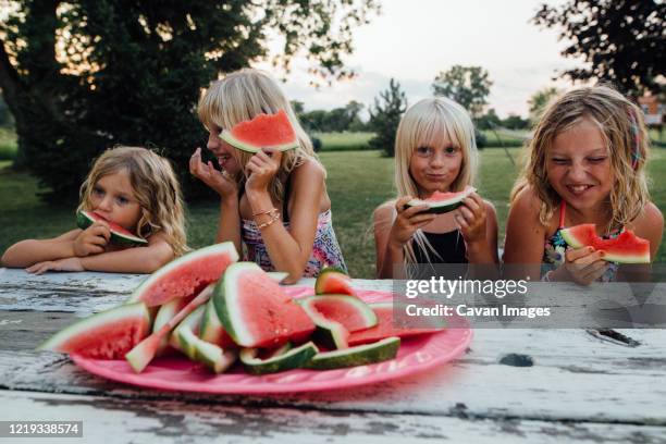 siblings having fun eating watermelon outside in summertime - food humor stock pictures, royalty-free photos & images