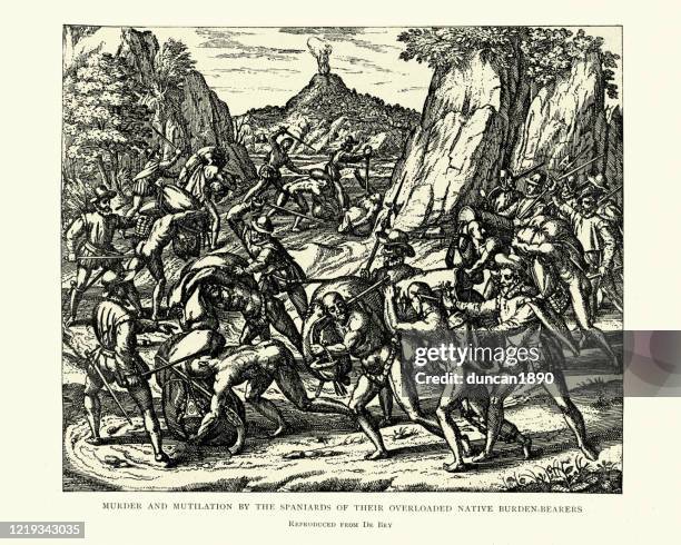 murder and mutilation by spanish conquistadors of natives, 16th century - murder victim stock illustrations