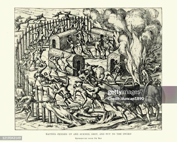 massacre of natives during spanish conquest of the americas - burn victim stock illustrations