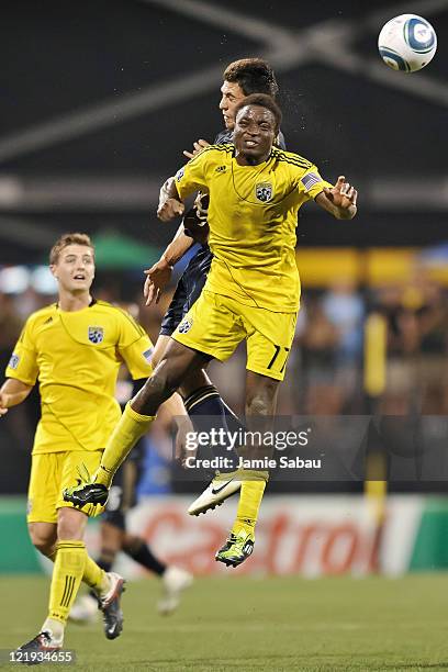 Emmanuel Ekpo of the Columbus Crew controls the ball against the Philadelphia Union on August 20, 2011 at Crew Stadium in Columbus, Ohio.