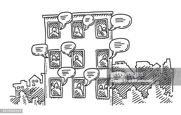 people staying at home togetherness during coronavirus drawing - self isolation window stock illustrations
