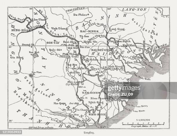 historical map of tonkin, vietnam, wood engraving, published in 1893 - red river stock illustrations