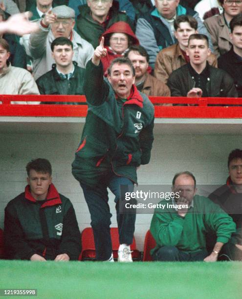 Nottingham Forest mananger Brian Clough makes a point watched by coach Archie Gemmill during a Division One Match at the City Ground circa 1990 in...