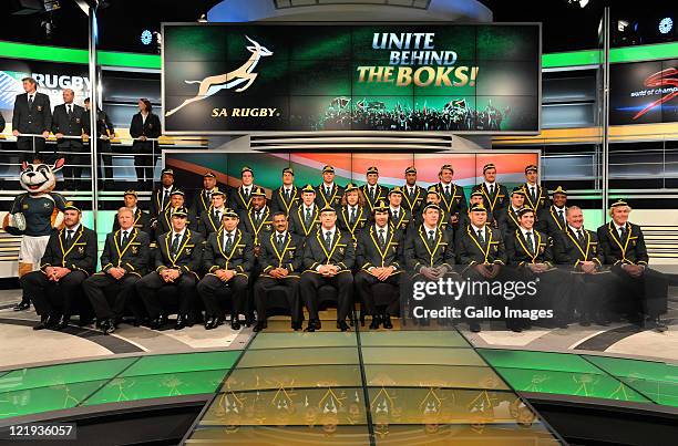 The Springboks squad poses for a team photo during the South Africa Rugby World Cup Squad announcement and press conference at SuperSport Studios,...