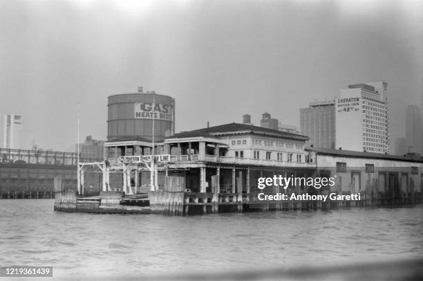 View of the Hudson River Bay Line on Manhattan's West Side with the 42nd Street Sheraton Motor Inn in the background in New York City, New York circa...