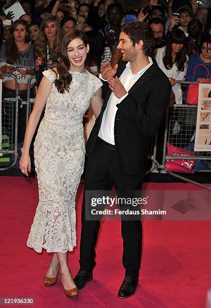 Anne Hathaway and Jim Sturgess attend the European premiere of 'One Day' at Vue Westfield on August 23, 2011 in London, England.