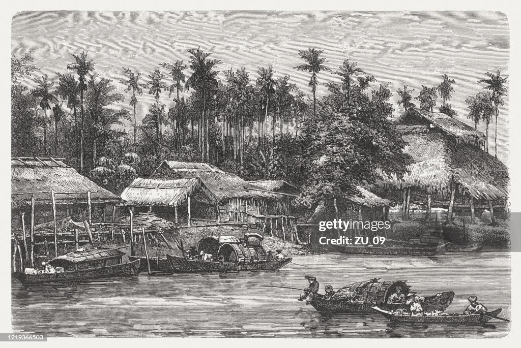 Vietnamesisches Dorf, Holzstich, veröffentlicht 1893