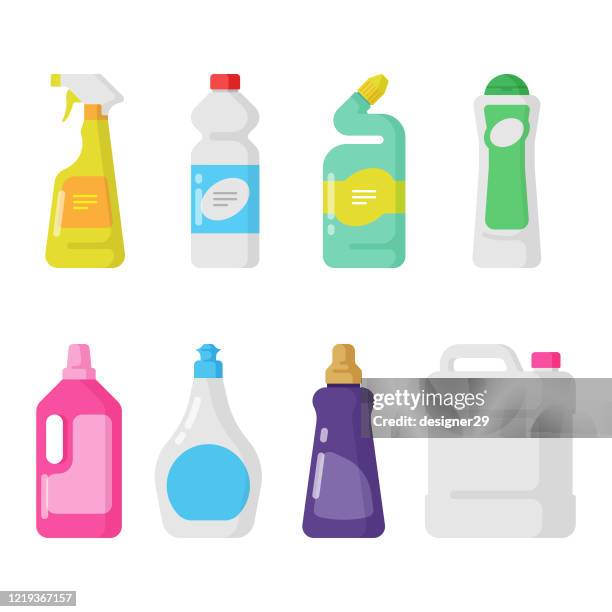 reinigungs- und hygieneprodukte icon set. kunststoff-flaschen flaches design. - reinigungsmittel stock-grafiken, -clipart, -cartoons und -symbole