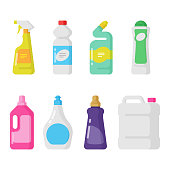 Cleaning and Hygiene Products Icon Set. Plastic Bottles Flat Design.