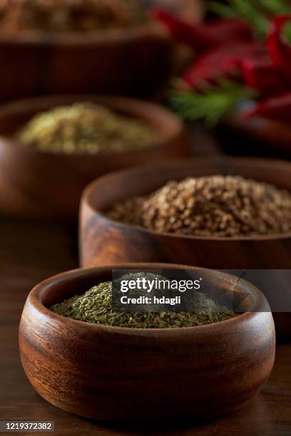 savory and variety of spices - mortar and pestle stock pictures, royalty-free photos & images