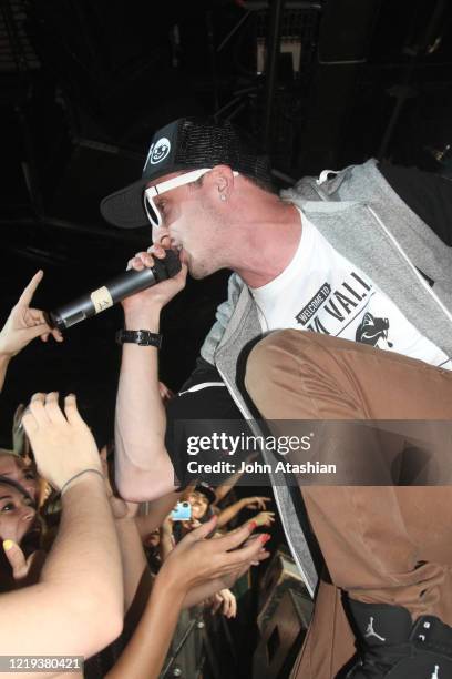 Rapper Chris Webby is shown performing on stage during a live concert appearance on May 25, 2012.
