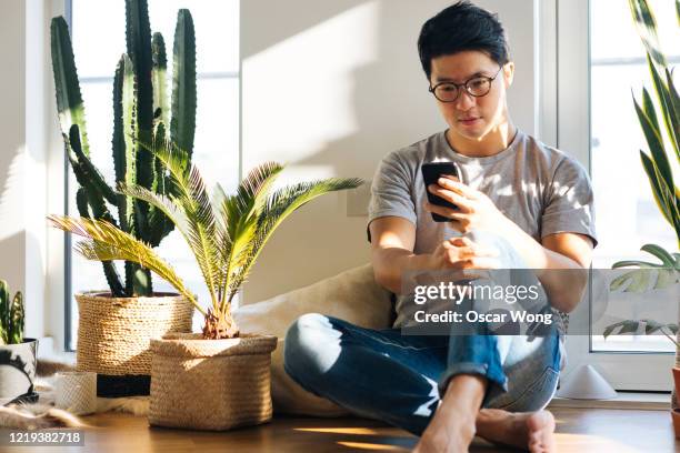 young man using smartphone at home with plants - asian man texting ストックフォトと画像