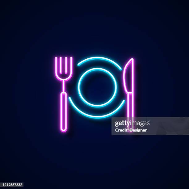 restaurant icon neon style, design elements - blue plate stock illustrations