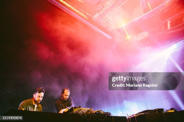 Sean Canty and Miles Whittaker of the English electronic music duo Demdike Stare performs in concert during Electronica en Abril Festival on April 1,...