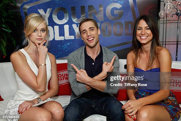 Actress Sara Paxton, actor Dustin Milligan and host Nikki Novak visit YoungHollywood.com at the Young Hollywood Studio on August 23, 2011 in Los...