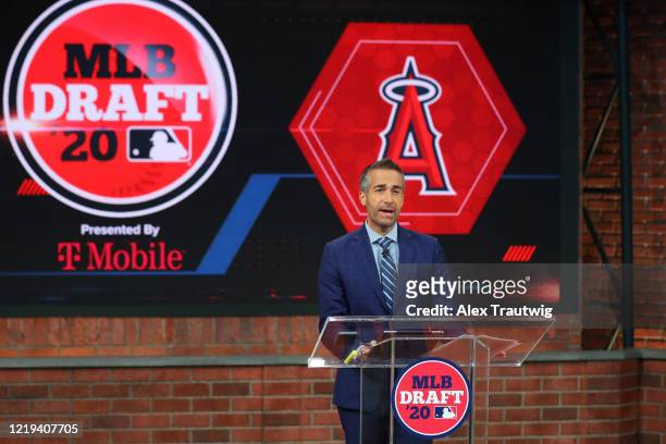 Matt Vasgersian announces the Los Angeles Angels pick during the 2020 Major League Baseball Draft at MLB Network on Thursday, June 11, 2020 in...