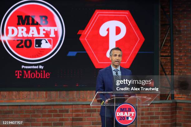 Matt Vasgersian announces the Philadelphia Phillies pick during the 2020 Major League Baseball Draft at MLB Network on Thursday, June 11, 2020 in...