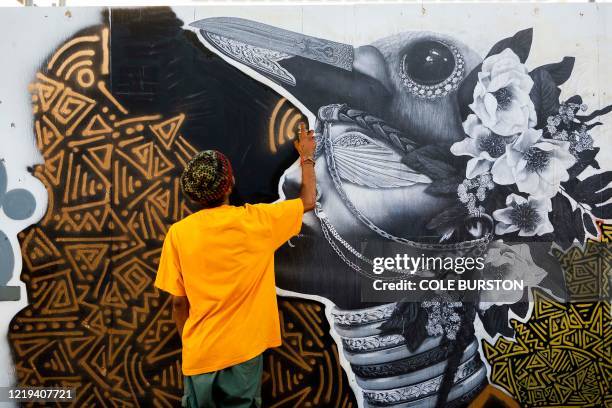 An artist finishes off his mural in Graffiti Alley in Toronto, Ontario, Canada, June 11, 2020. - The well known Toronto alleyway is being painted...