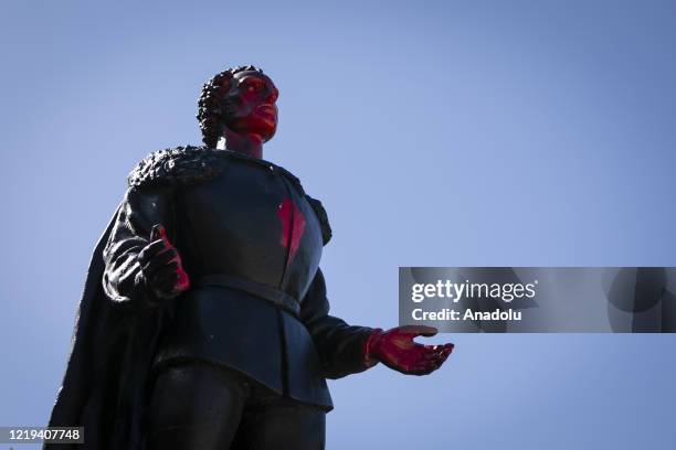 Vandalized statue of Christopher Columbus is seen at Bayfront Park, after a protest on June 10 against George Floyd's death, police brutality and...