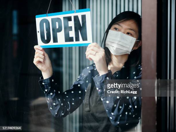 business owner open sign - small business mask stock pictures, royalty-free photos & images