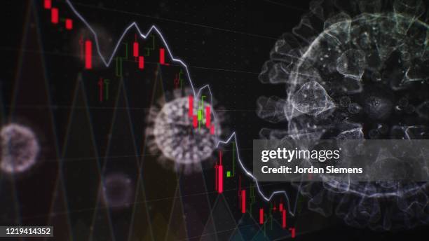 the covid-19 molecule with the stock market trading board - anne vyalitsyna stock-fotos und bilder