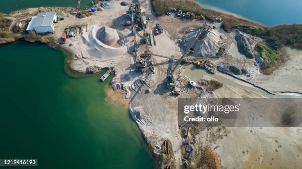 sand and gravel pit, lakes - aerial view - mining machinery stock pictures, royalty-free photos & images