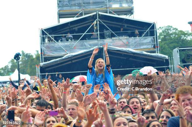 Crowd scene at the 4 Music Stage during the 1st day of the V Festival in Hylands Park on August 20, 2011 in Chelmsford, United Kingdom.