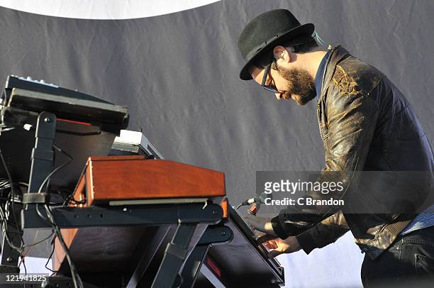 Nick Baines of Kaiser Chiefs performs on stage at the V Festival in Hylands Park on August 20, 2011 in Chelmsford, United Kingdom.