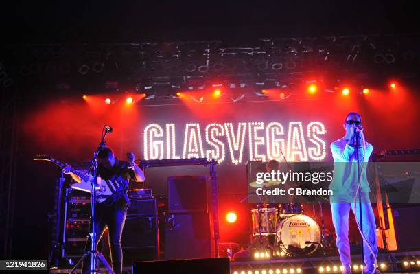 Rab Allan, Jonna Lofgren and James Allan of Glasvegas performs on stage at the V Festival in Hylands Park on August 20, 2011 in Chelmsford, United...