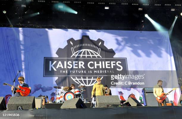 Andrew White, Nick Hodgson, Ricky Wilson, Nick Baines and Simon Rix of Kaiser Chiefs perform on stage at the V Festival in Hylands Park on August 20,...