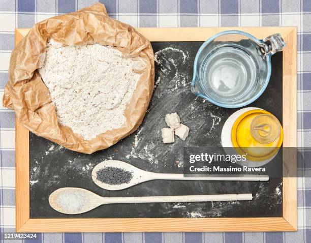 blackboard with ingredients to bake bread. - brown paper towel stock pictures, royalty-free photos & images