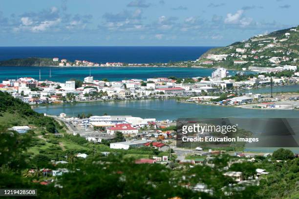 Philipsburg St Maarten with Salt Pond in foreground Great Bay and Caribbean Sea beyond.