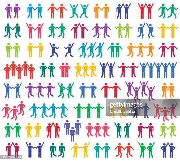 set of people icons(multicolored). - stick figure arms raised stock illustrations