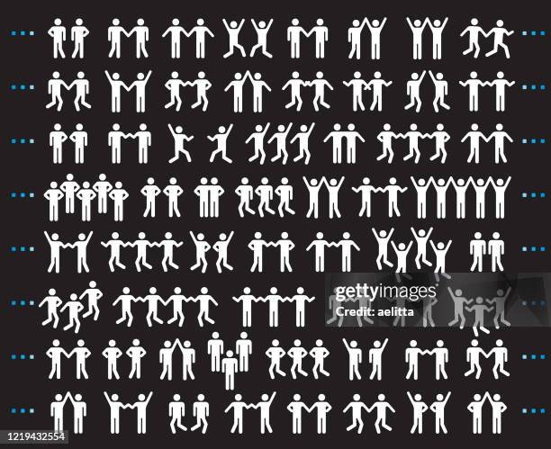 set of people icons in black and white. - stick figure arms raised stock illustrations