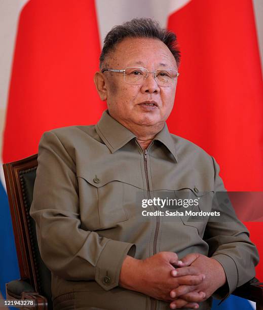 North Korean leader Kim Jong Il looks on during a meeting with Russian President Dmitry Medvedev ahead of talks on August 24, 2011 in the Eastern...