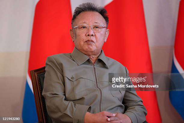 North Korean leader Kim Jong Il looks on during a meeting with Russian President Dmitry Medvedev ahead of talks on August 24, 2011 in the Eastern...