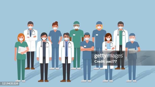 group of doctors with face masks, corona virus concept. - group of doctors stock illustrations