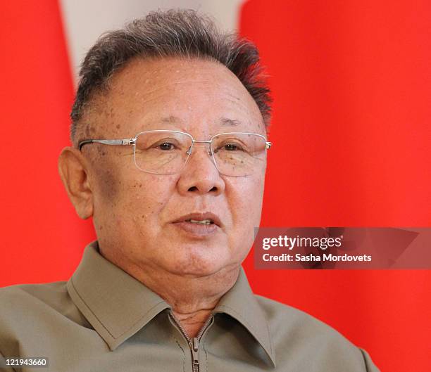 North Korean leader Kim Jong Il looks on during a meeting with Russian President Dmitry Medvedev ahead of talks on August 24, 2011 in the Eastern...