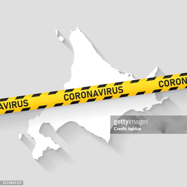 stockillustraties, clipart, cartoons en iconen met hokkaido kaart met coronavirus voorzichtigheid tape. covid-19 uitbraak - hokkaido