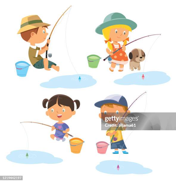 set of children fishing - kids fishing stock illustrations