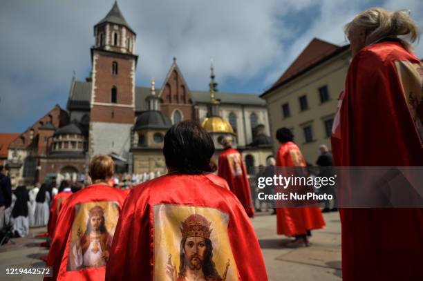 Members of the Order of Knights of Christ the King seen during a Corpus Christi mass outside Wawel Castle in Krakow. The Feast of Corpus Christi,...