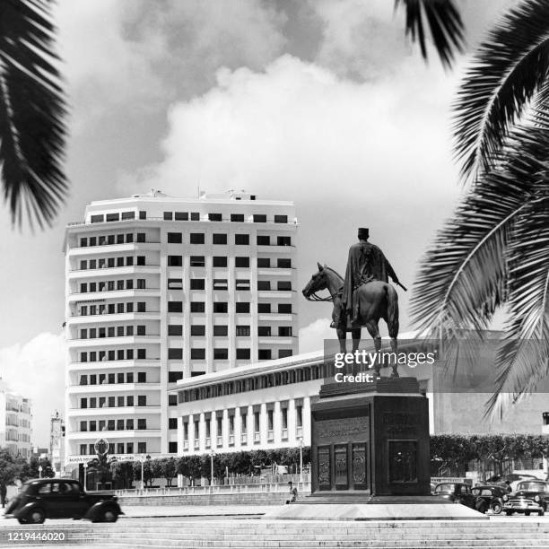 File picture taken in the 1950 shows the equestrian statue of Marechal Hubert Lyautey on "Place Administrative" with the new De La Fonciere Building...