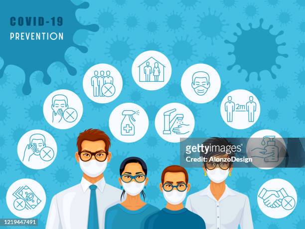 stockillustraties, clipart, cartoons en iconen met familie die medische gezichtsmaskers draagt. covid-19 preventie. - infection prevention