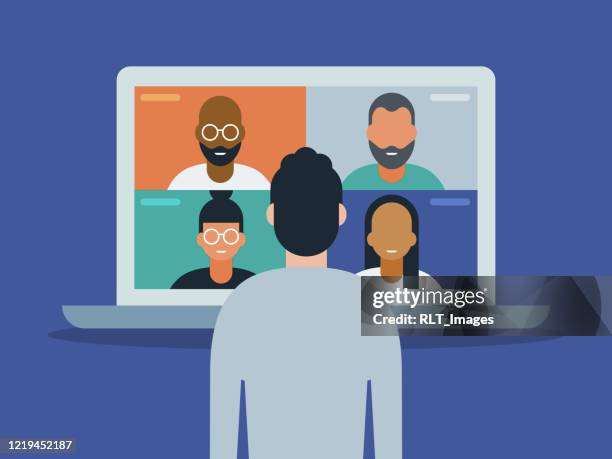 illustration of man using laptop computer for video conference - smiling-man-at-computer stock illustrations